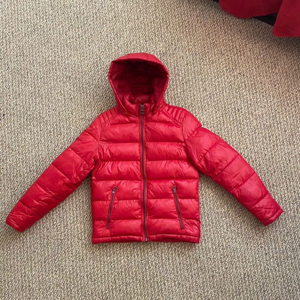 Red “Guess” puffer jacket
